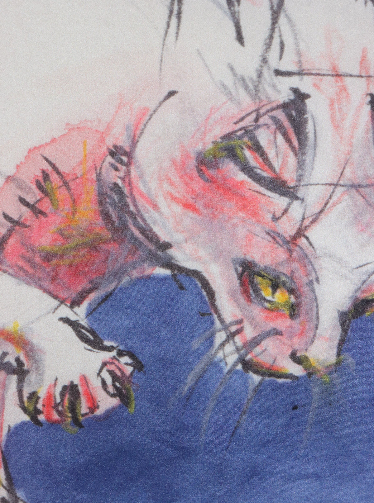 Seidentuch bedruckt mit einer springenden Katze vor blauem Hintergrund, Buntstift/Aquarell, Vierfarbdruck